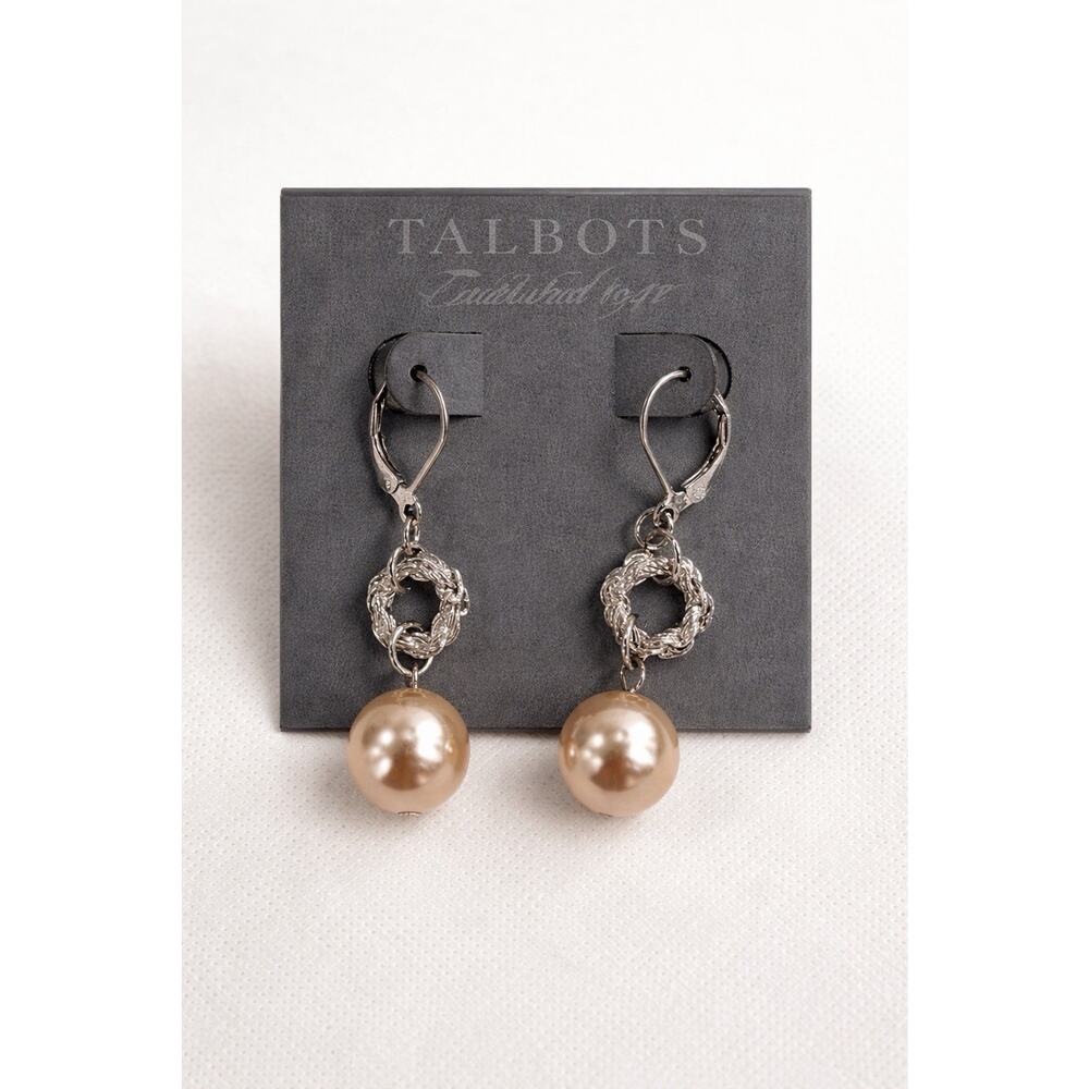 Talbots Faux Pearl Drop Earrings Silver Tone Rope Link NWT Leverback